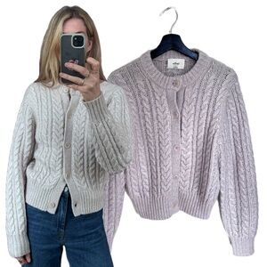 Wilfred Aritzia Grey Taupe Merino Wool Cable Knit Woven Cardigan Sweater Jumper